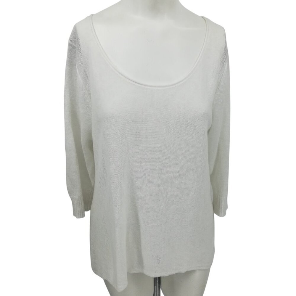 Eileen Fisher White Linen Blend 3/4 Sleeve Loose Knit Sweater Size M Petite